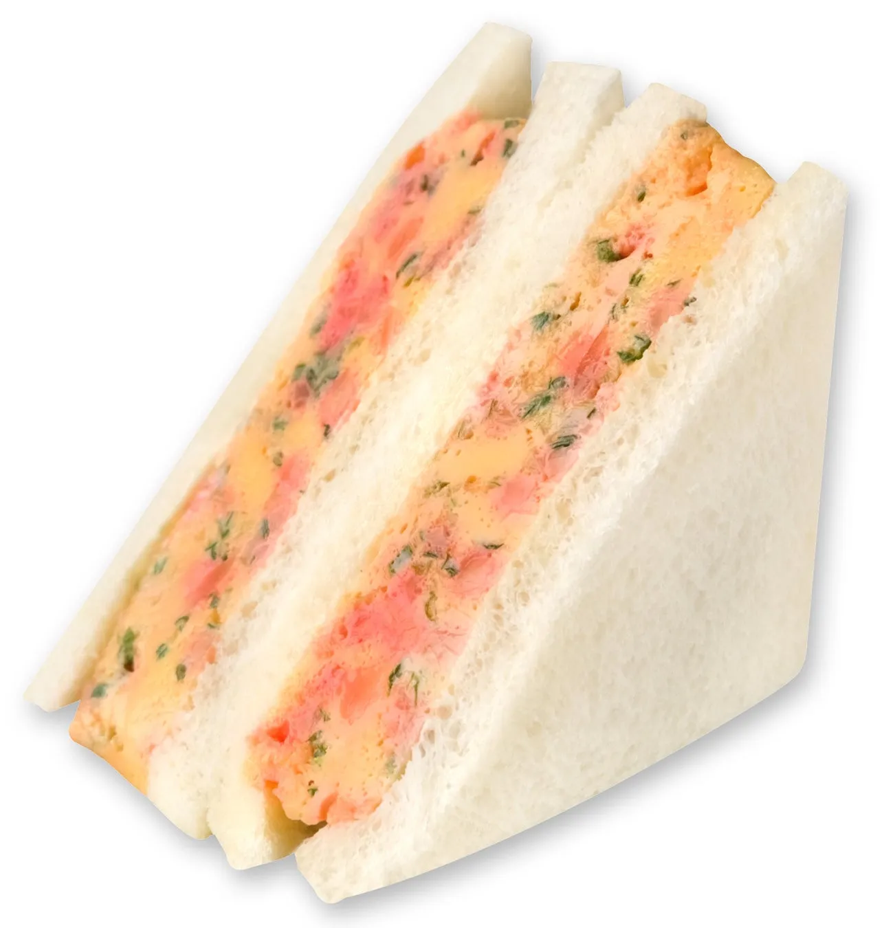 サンドイッチのクローズアップ写真。白いパンに挟まれたピンク色とオレンジ色のフィリングが特徴的です。