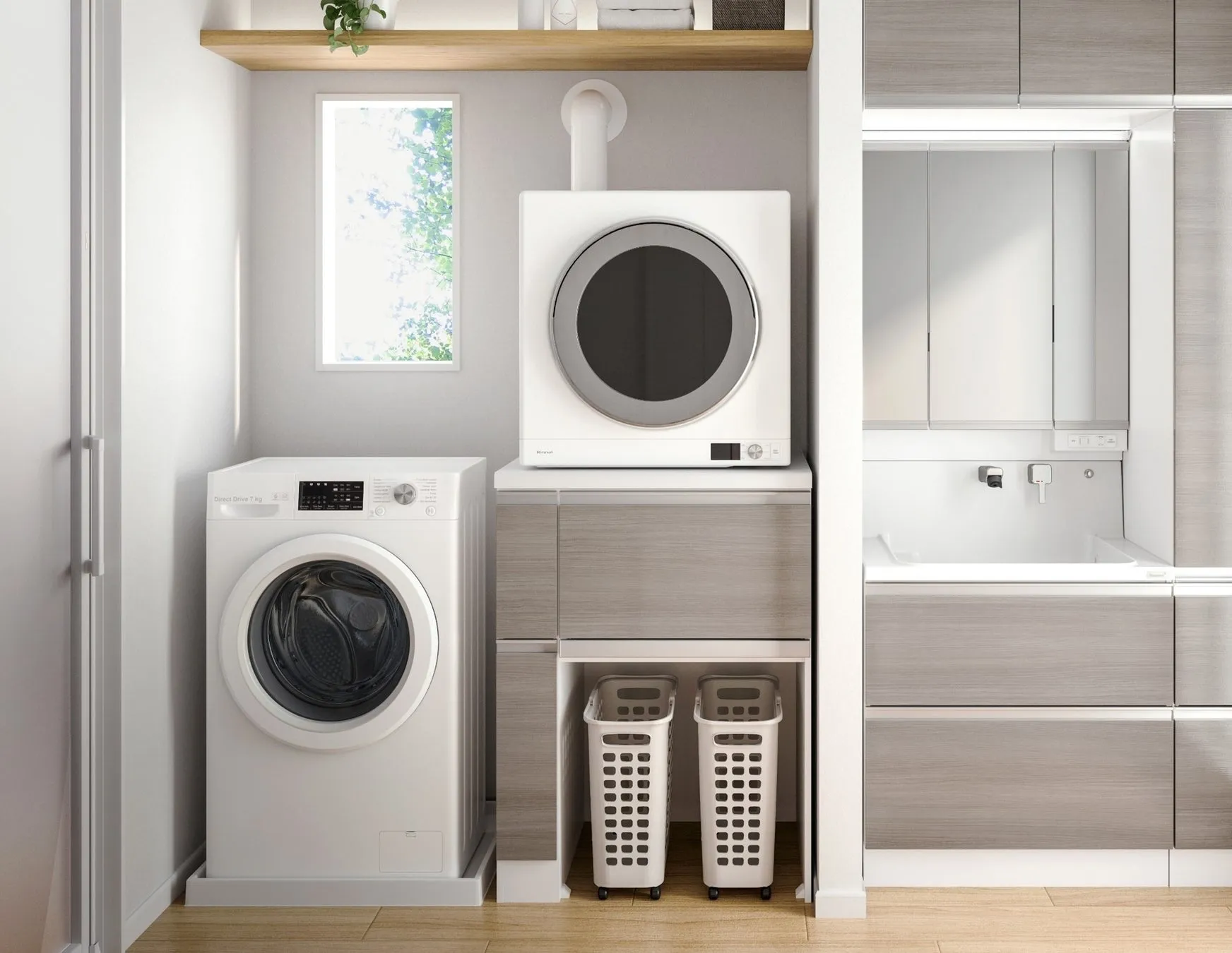 洗濯機と乾燥機が設置された、清潔感のある洗面所。窓から光が差し込み、明るい雰囲気です。