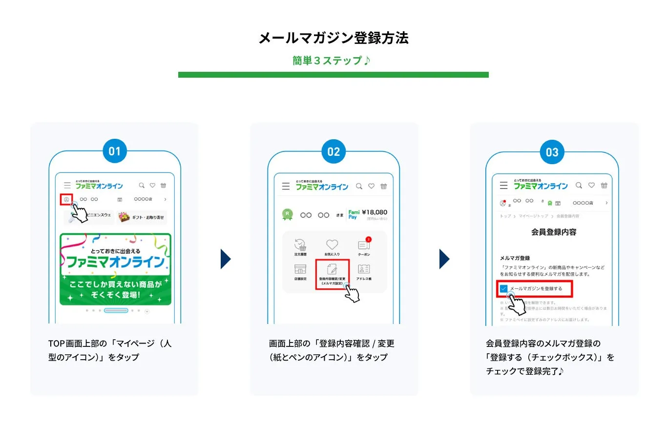 ファミマオンラインのメールマガジン登録方法を説明する3ステップの画像です。