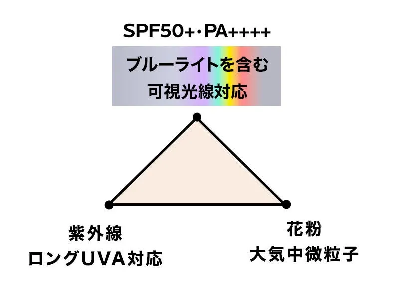 紫外線、花粉、大気中微粒子、ブルーライトなどから肌を守ることを示す図。