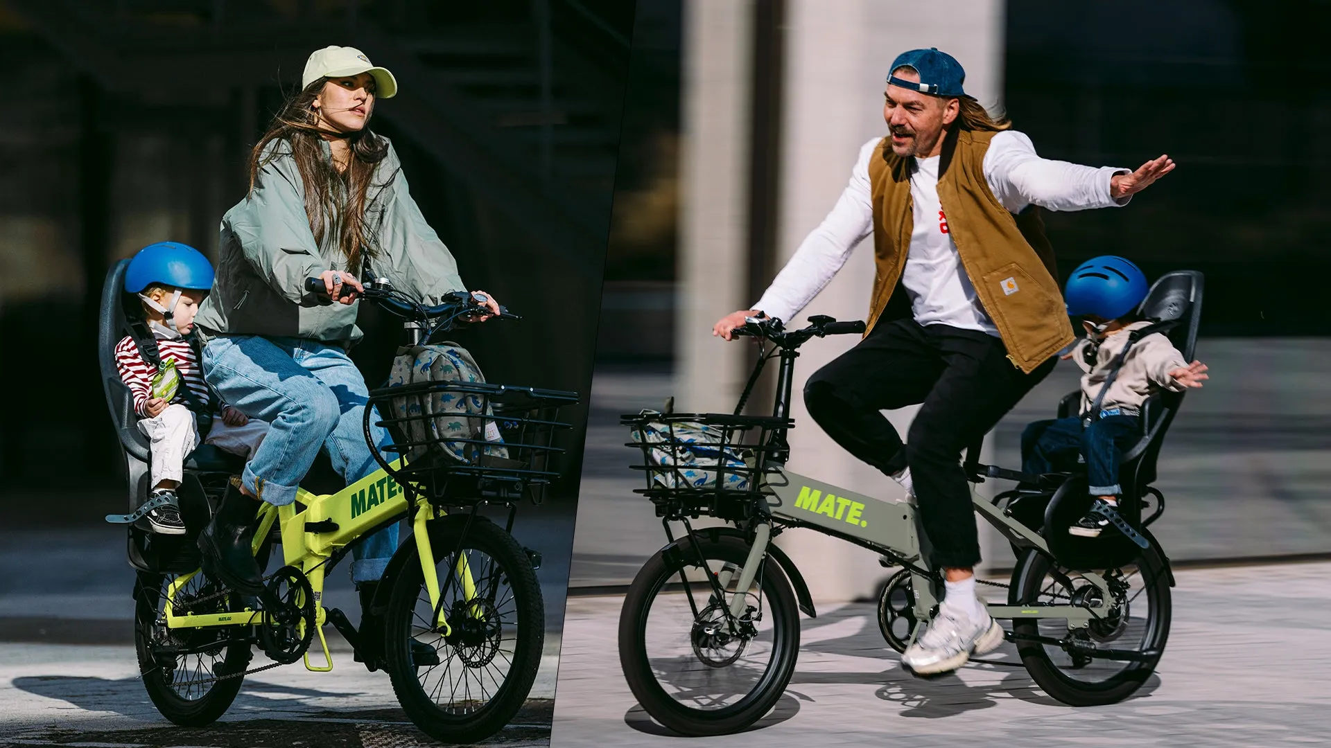 親子で電動自転車に乗る人々