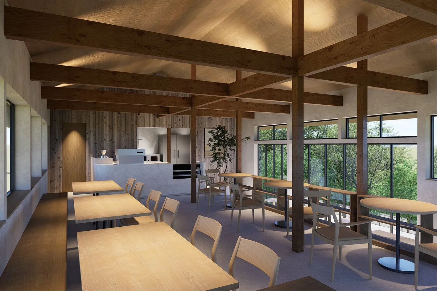 木材を基調としたカフェのインテリアデザイン。高い天井と大きな窓から自然光が差し込み、開放的な空間を演出している。木製のテーブルと椅子が配置され、シンプルながらも温かみのある雰囲気が特徴的。