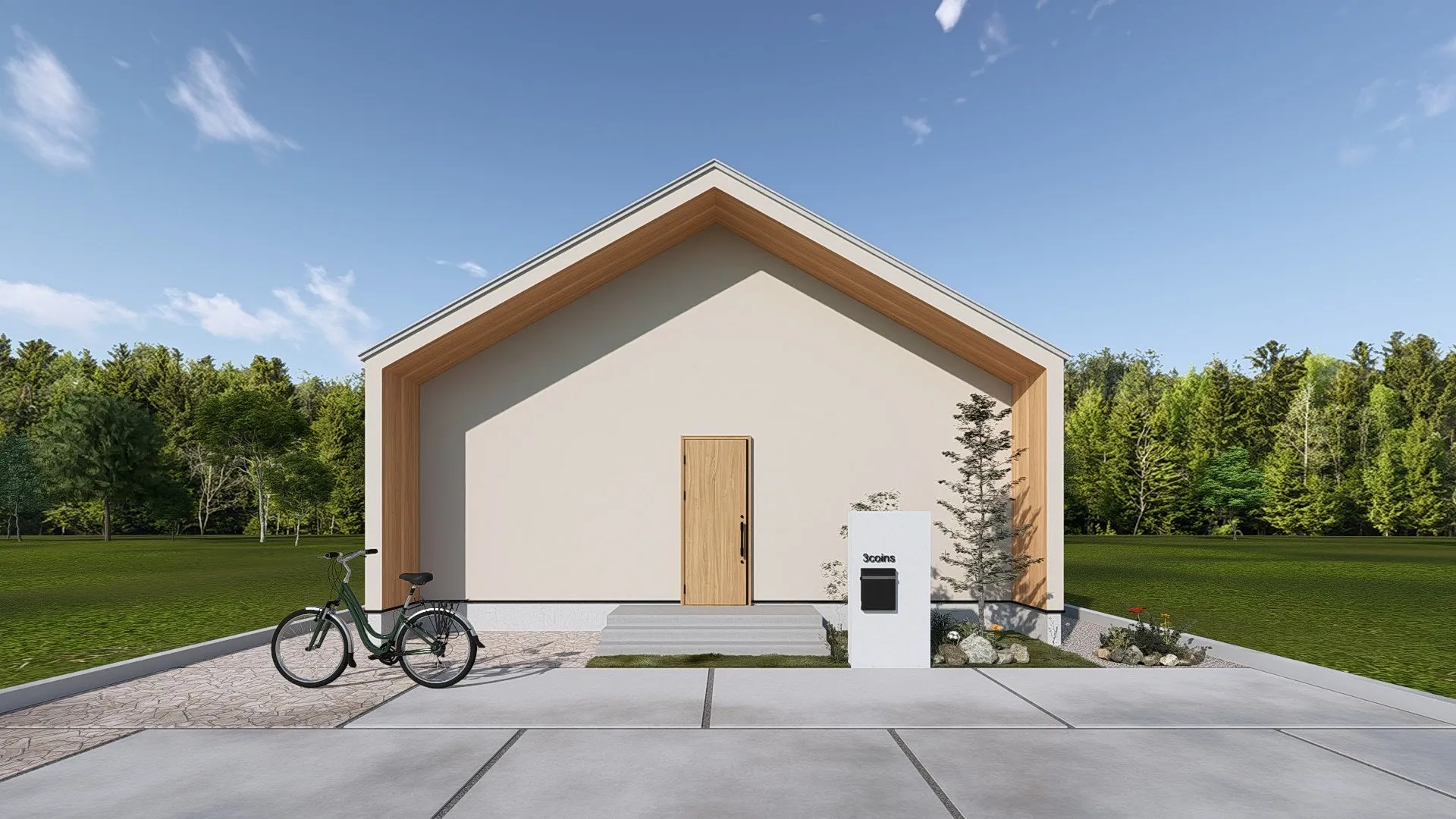 白い壁と木製のフレームが特徴的なモダンな家