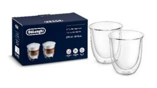 DeLonghiの二重壁グラスの画像です。箱と2つのグラスが写っています。