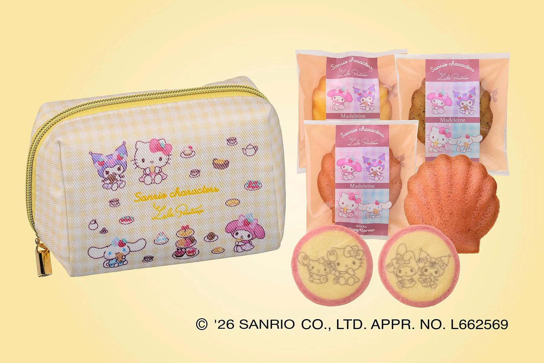 サンリオキャラクターズのグッズと焼き菓子のセット。ポーチ、マドレーヌ、クッキーが含まれています。