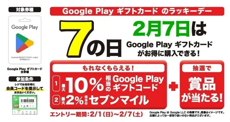Google Play ギフトカードのキャンペーン告知画像です。2月7日はGoogle Play ギフトカードがお得に購入できること、10%相当のGoogle Play ギフトコードがもれなくもらえ、抽選で賞品が当たるという内容です。
