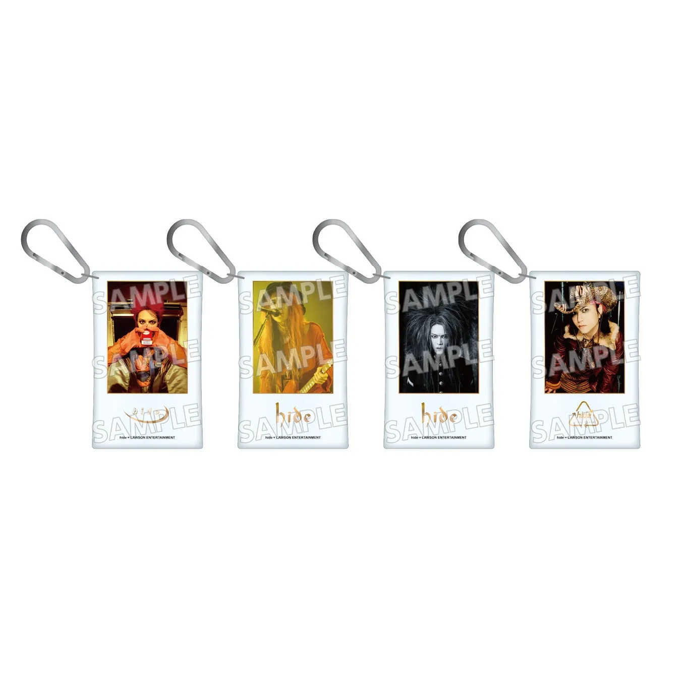 4つの写真が写ったキーホルダー。それぞれの写真には異なる男性のポートレートが写っており、各キーホルダーには「SAMPLE」という文字が複数回印刷されています。