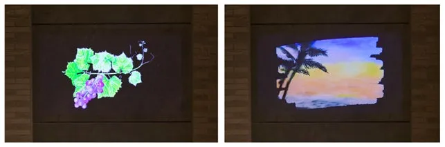 2つの絵が並んだ画像。左側にはブドウの房と葉が描かれており、右側にはヤシの木と夕焼けの風景が描かれています。