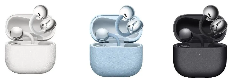3色のワイヤレスイヤホンの写真です。白、水色、黒のイヤホンが、それぞれの充電ケースに入っています。