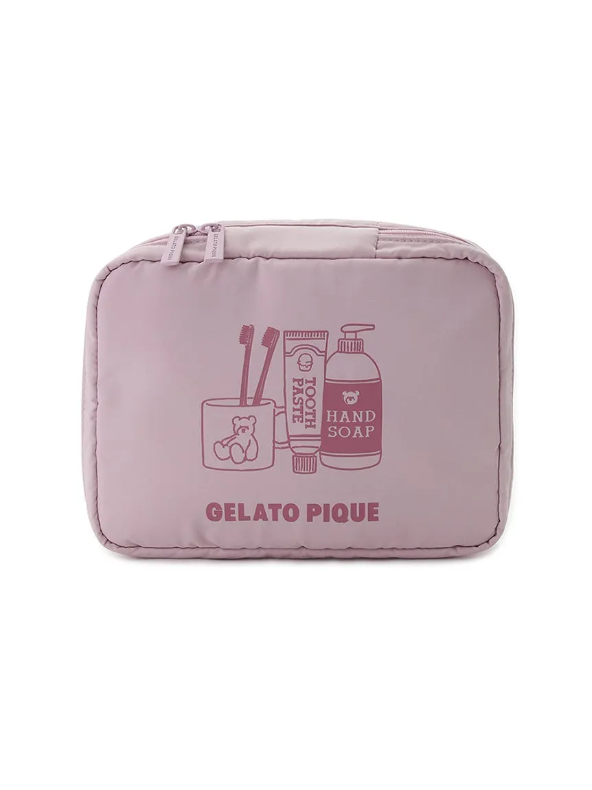 ピンク色のポーチで、歯ブラシ、歯磨き粉、ハンドソープのイラストが描かれています。下部には「GELATO PIQUE」の文字があります。