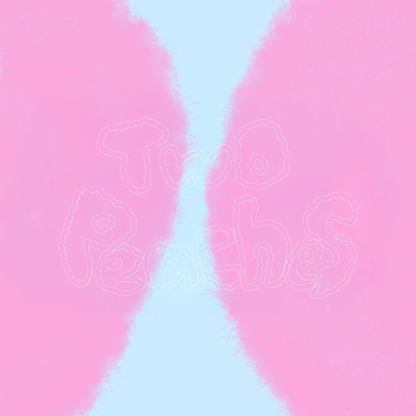 ピンクと水色の背景に白い線で「Two Peaches」と書かれた画像。