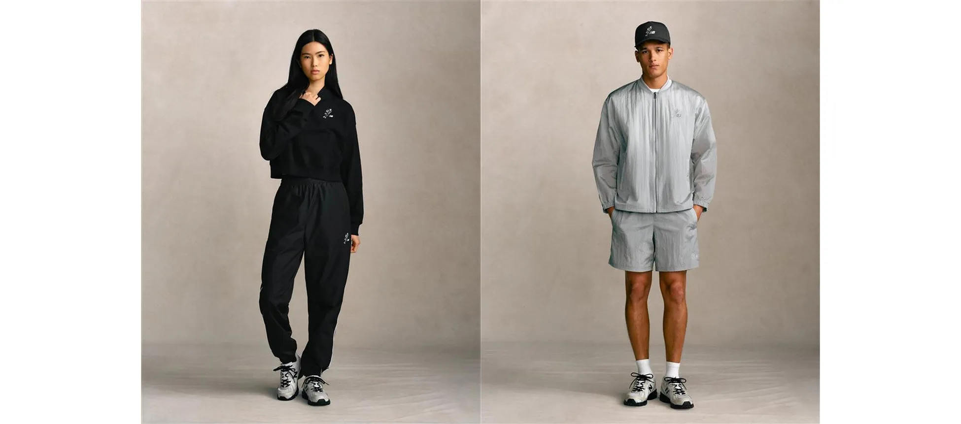 女性と男性がスポーツウェアを着て立っている画像です。女性は黒い服、男性はグレーの服を着ています。