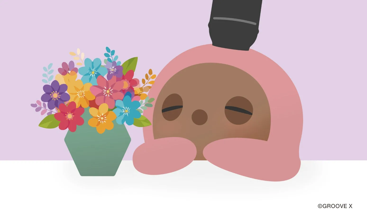 花瓶に入ったカラフルな花と、ピンク色のキャラクターが寄り添うイラスト