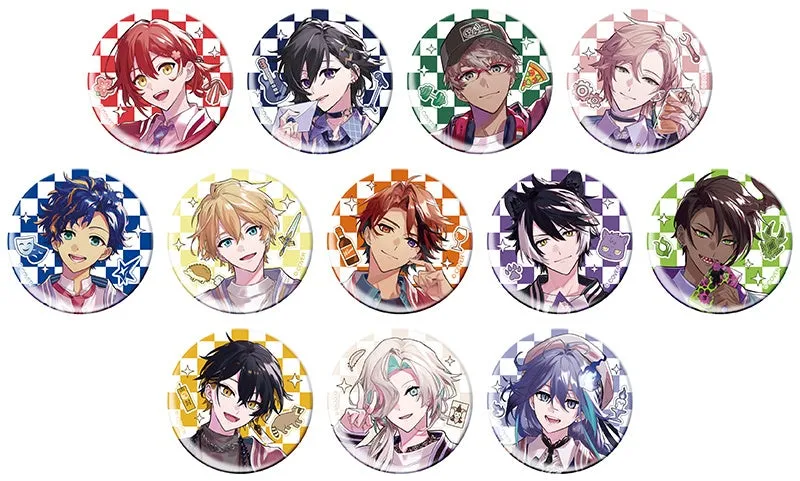 キャラクターが描かれた缶バッジの画像です。様々なキャラクターが円形のデザインに描かれており、それぞれ異なる服装やアクセサリーを身につけています。