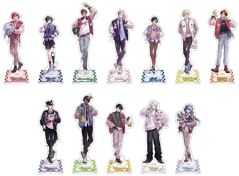 アクリルスタンドと思われる12人の男性キャラクターのイラスト。それぞれ異なる服装やポーズをしており、背景にはチェック柄やロゴが描かれている。