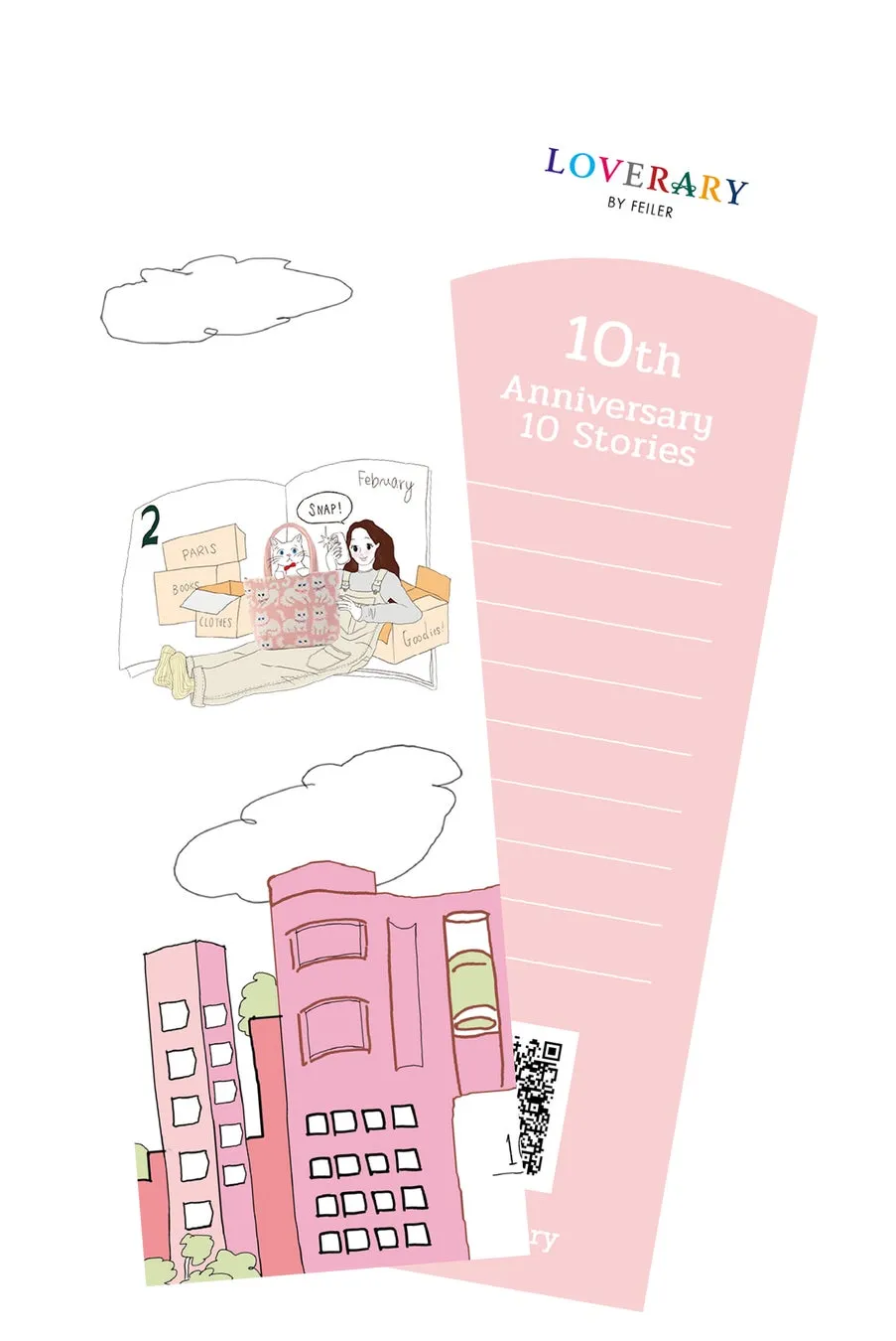 ピンク色のイラスト。女性が猫のバッグを持ち、周りに本や服などが入った箱がある。