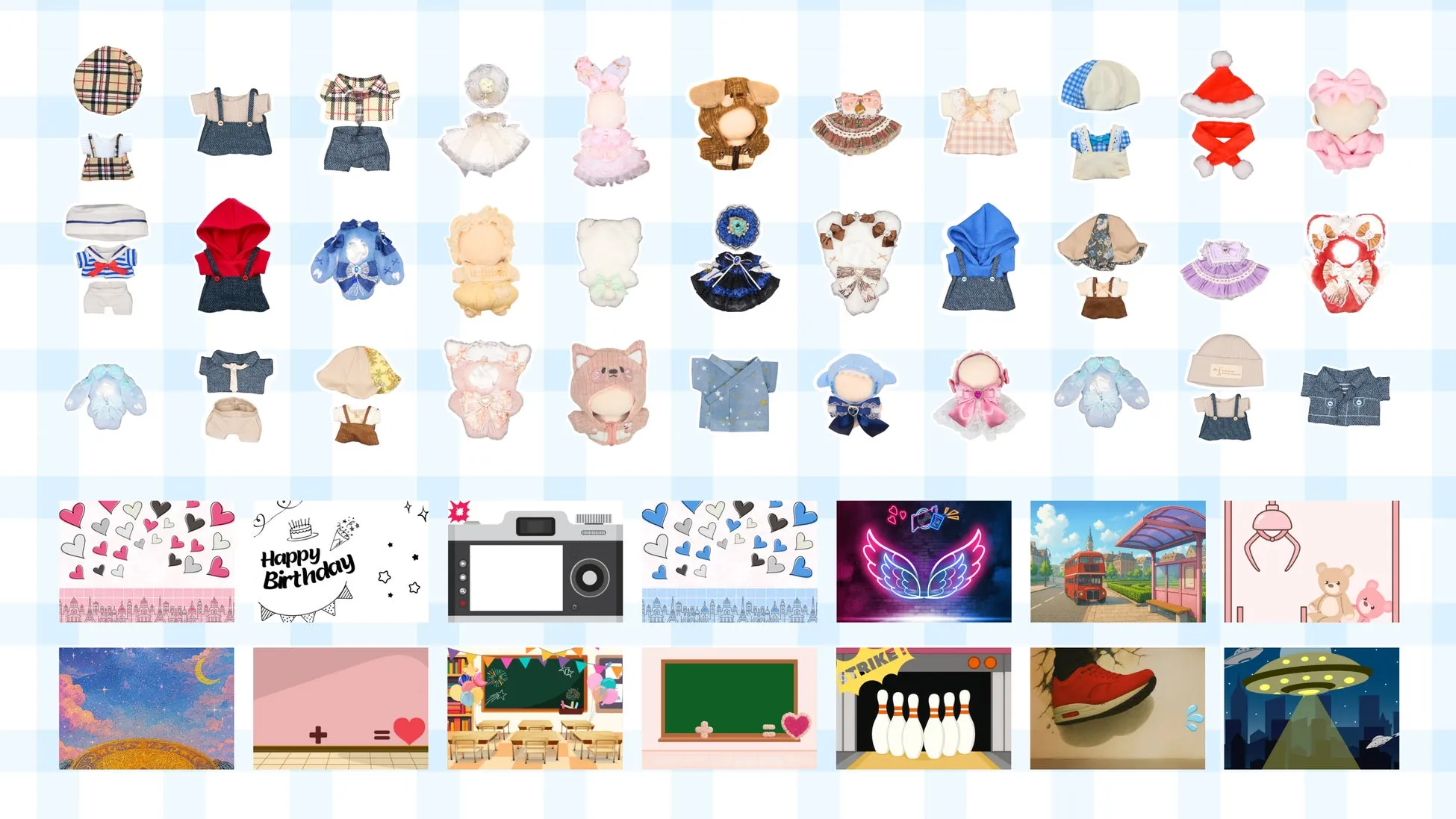 ぬい服とオリジナルぬい撮りパネルの一部