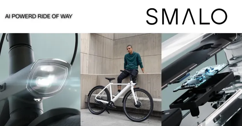 SMALOの電動自転車の広告です。男性が自転車に座っている写真、自転車のライトのクローズアップ、自転車の内部コンポーネントの図解が含まれています。