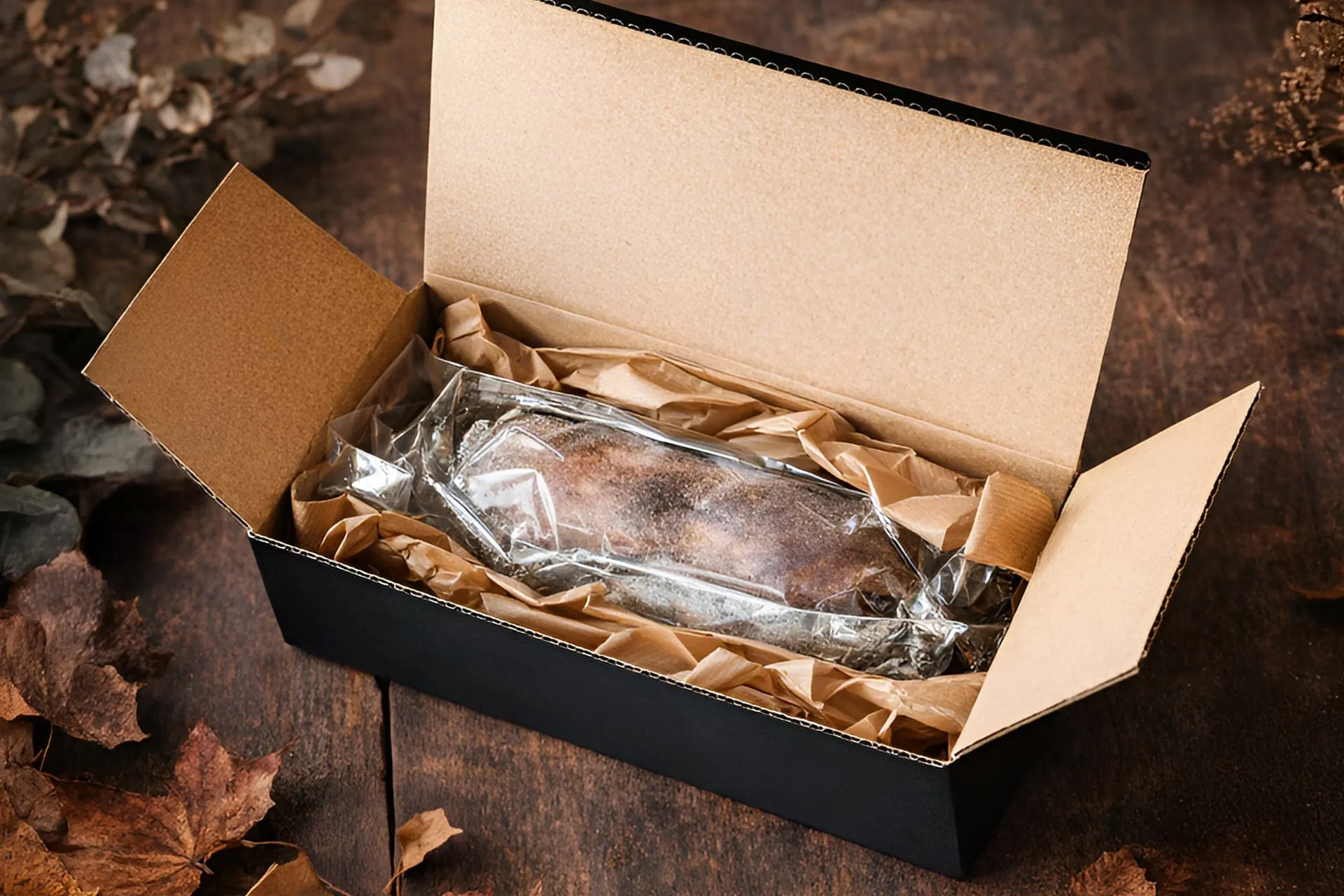 黒い箱の中に包装された食べ物が入っている写真です。箱は開いており、茶色の紙で包まれた食べ物が透明なプラスチックで包まれています。背景には茶色の葉が散らばっています。