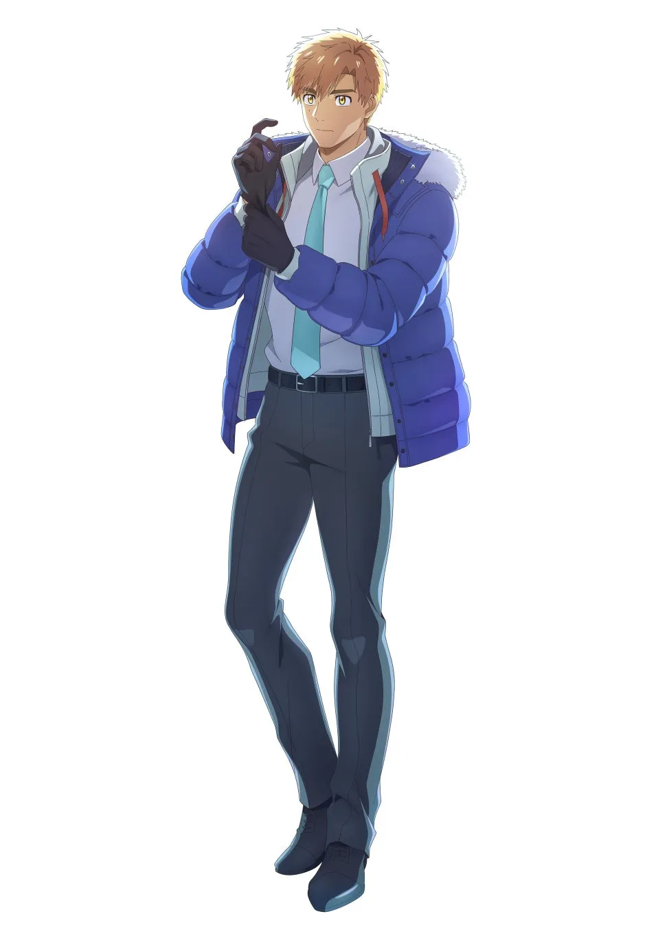 青いダウンジャケットを着た男性のアニメイラスト