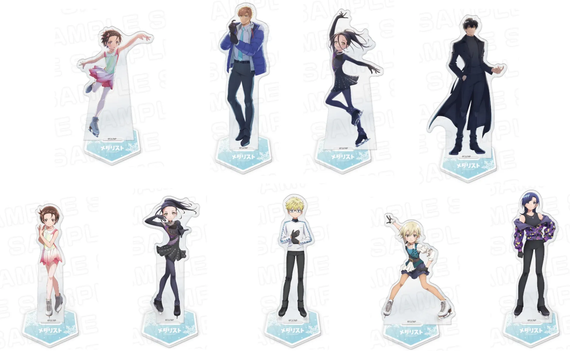 フィギュアの画像。氷上のキャラクターが描かれており、様々なポーズをとっています。