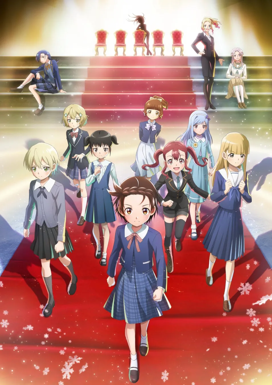 赤い絨毯の上を歩く制服姿の女の子たちのイラスト。