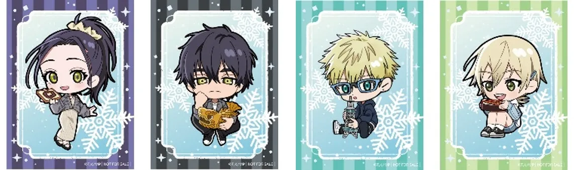 4人のキャラクターが描かれたイラスト。それぞれが食べ物やアイテムを持っており、背景には雪の結晶が描かれている。