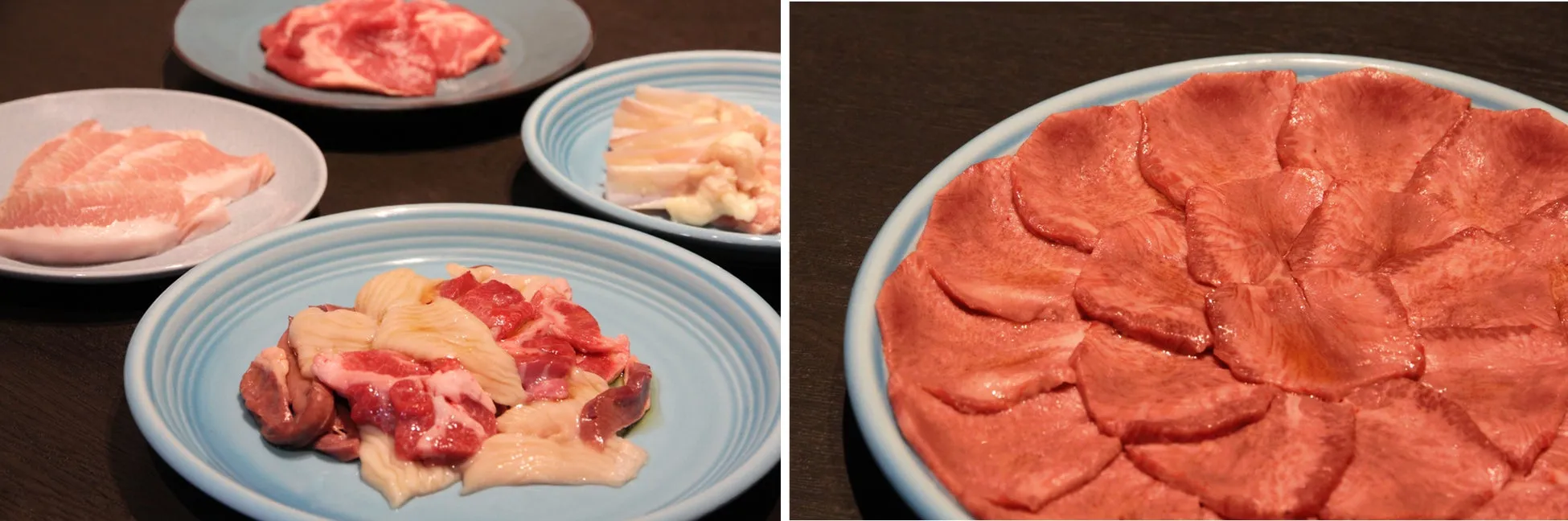 様々なお肉が並べられた写真です。豚肉、鶏肉、内臓肉、牛タンなど、焼肉に使われる食材が写っています。