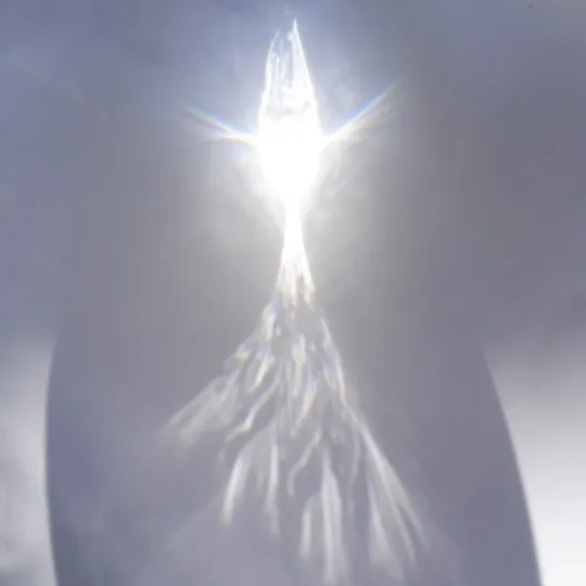 光の屈折によって作られた模様が、白い背景に映し出されています。