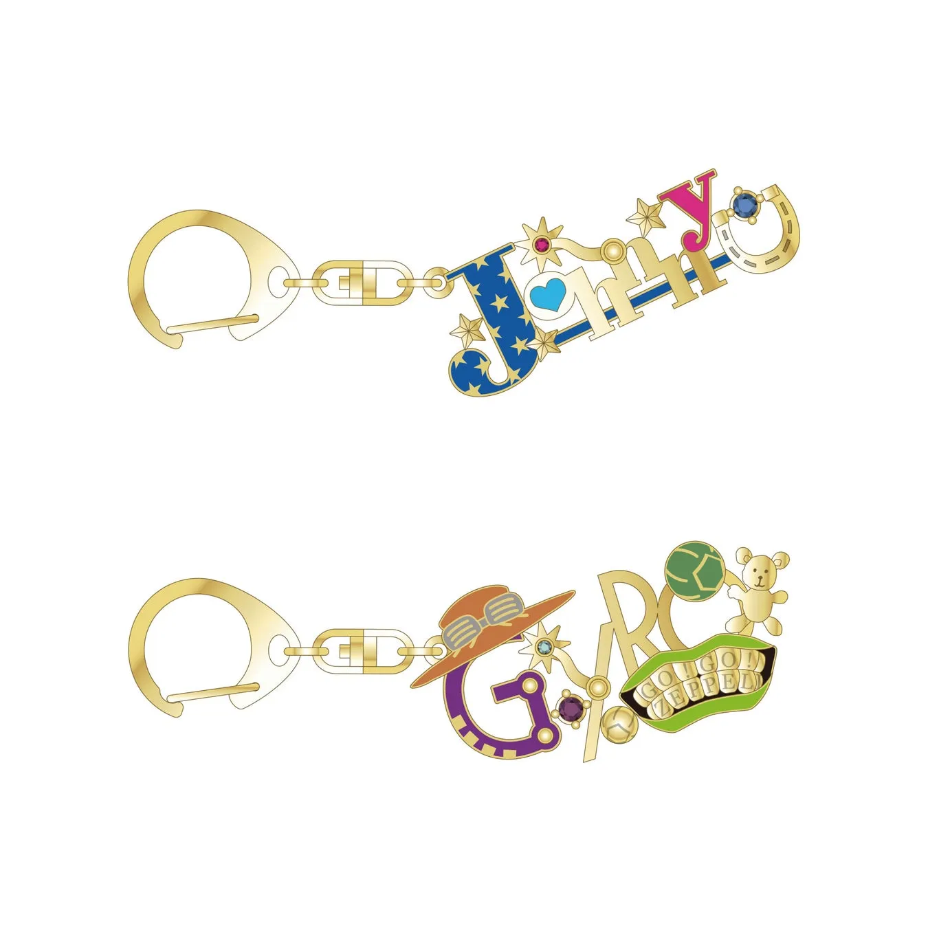 2つのキーホルダーのデザイン。上部には「Jimmy」と書かれたデザインがあり、下部には「GO GOLD ZEPPEL」と書かれたデザインがある。