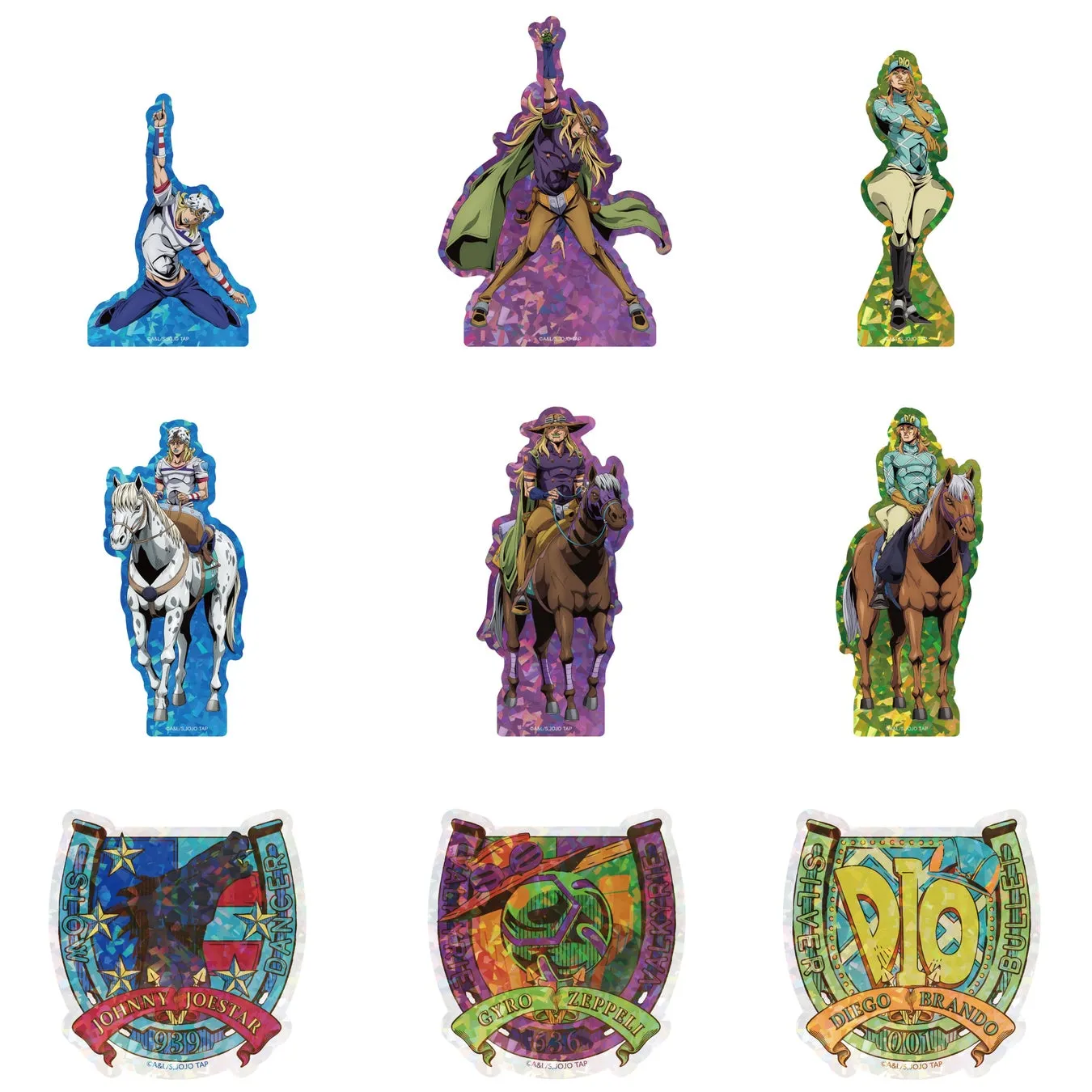 ジョジョの奇妙な冒険に登場するキャラクターのグッズの画像。ジョニー・ジョースター、ジャイロ・ツェペリ、ディエゴ・ブランドーなどのキャラクターが描かれている。