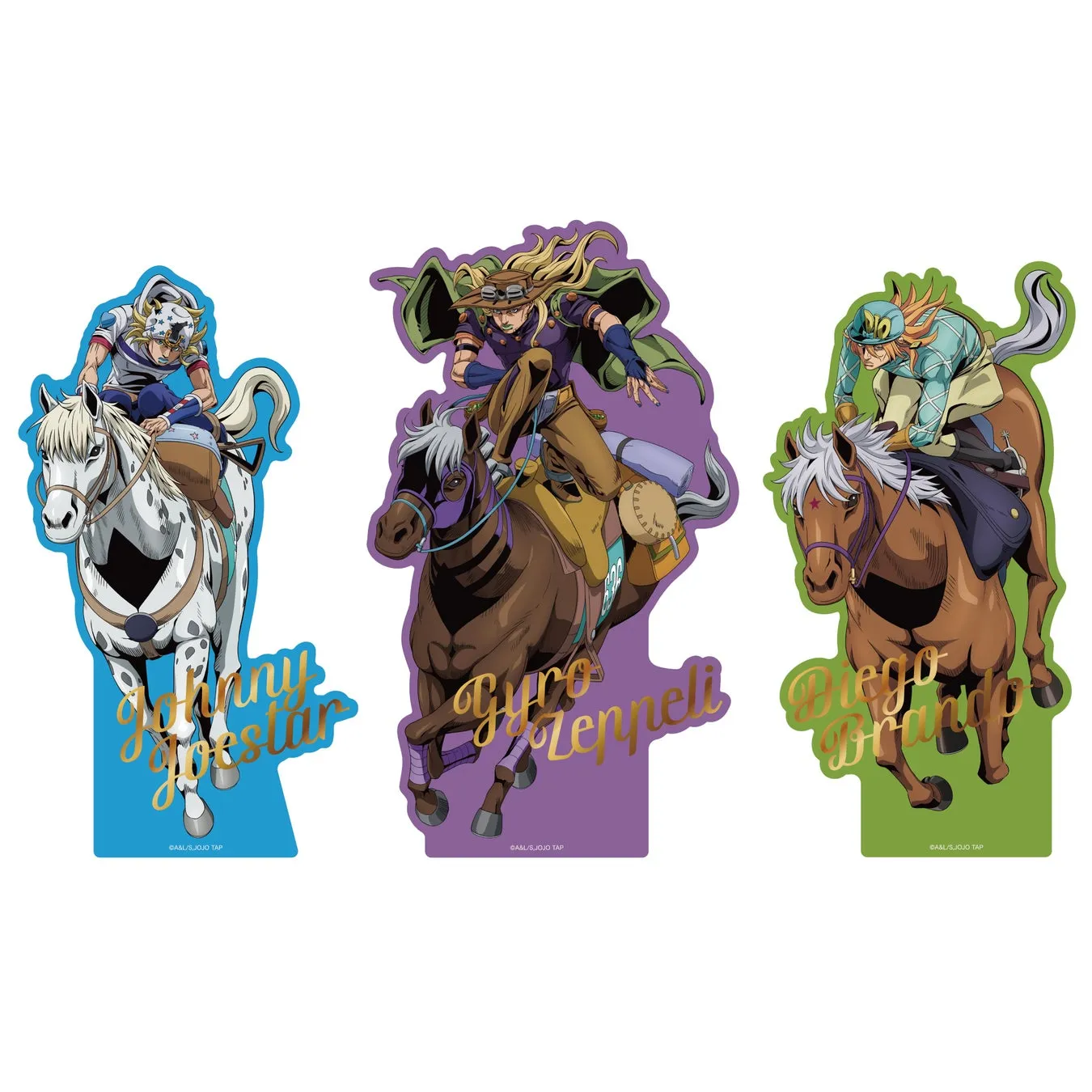 ジョジョの奇妙な冒険に登場するキャラクター、ジョニー・ジョースター、ジャイロ・ツェペリ、ディエゴ・ブランドーがそれぞれ馬に乗っているイラスト。