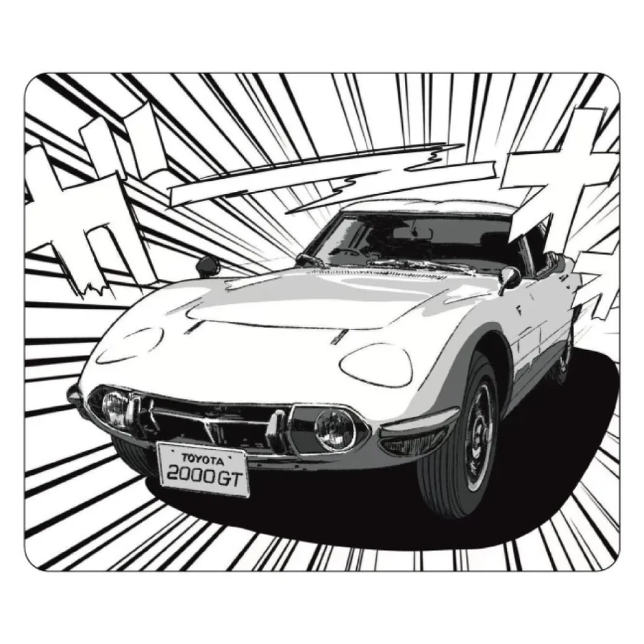 白のトヨタ2000GTのイラスト。背景には効果線と擬音表現がある。