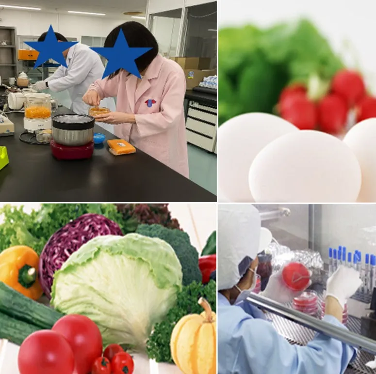 研究室で作業する人々と、卵、野菜などのコラージュ