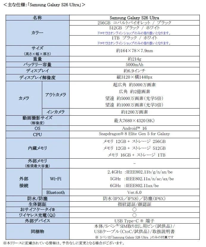 Samsung Galaxy S26 Ultraの主な仕様が記載された表の画像です。