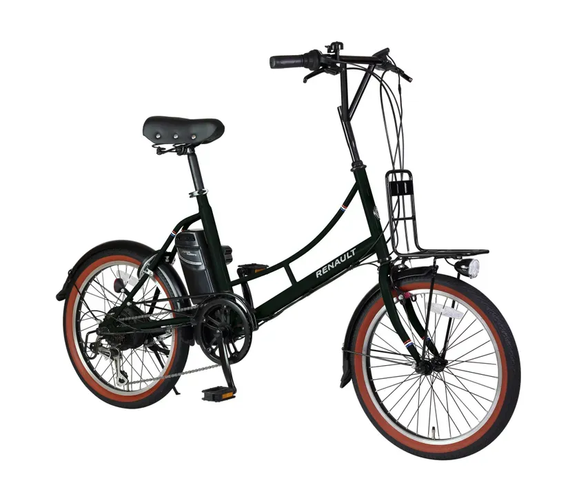 黒色の自転車が写っています。折りたたみ式で、前部にバスケットとライトが取り付けられています。フレームには「RENAULT」のロゴが入っています。