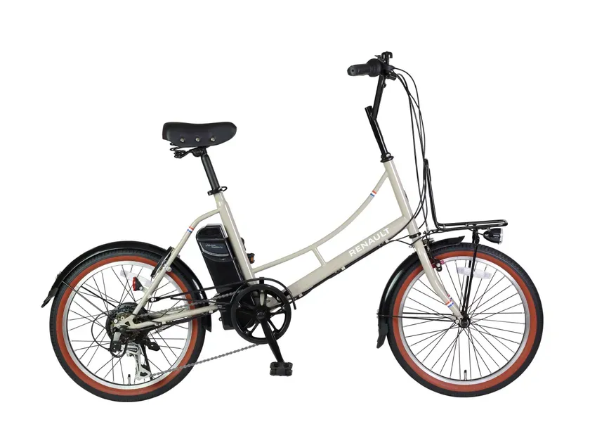 白を基調としたルノーの電動アシスト自転車の画像です。フロントにはバスケットとライトが、フレームにはバッテリーが搭載されています。