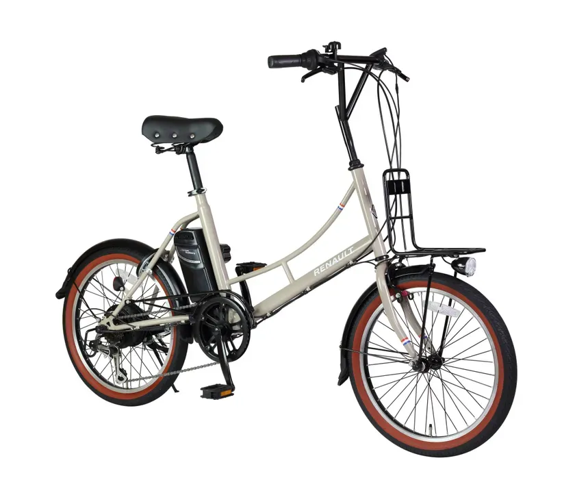 レトロなデザインの電動アシスト自転車の画像です。フロントにはバスケット、フレームには「RENAULT」のロゴが見えます。