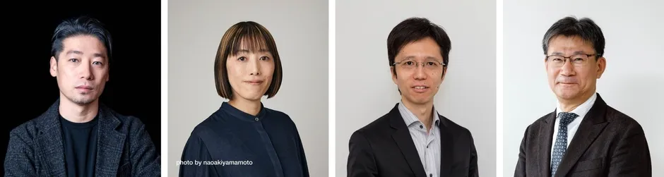 4人の人物のポートレート写真。左から、男性、女性、男性、男性。背景は白または黒。