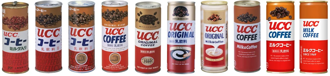 UCCブランドの缶コーヒーの画像。さまざまな種類のコーヒー缶が並んでおり、それぞれに異なるデザインとフレーバーが示されている。