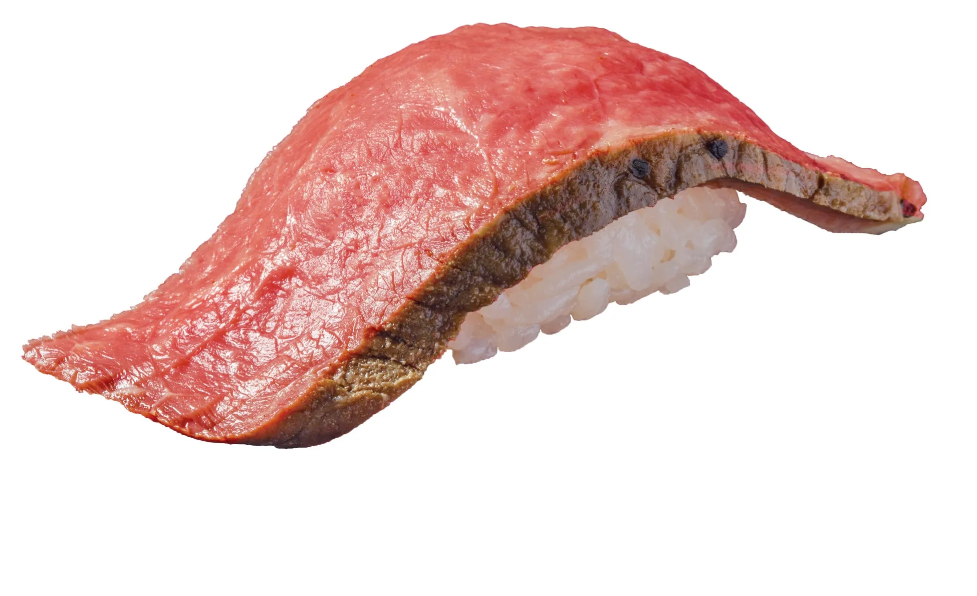 牛肉の握り寿司のクローズアップ写真。白いご飯の上に薄切りの赤身肉が乗っており、背景は白。