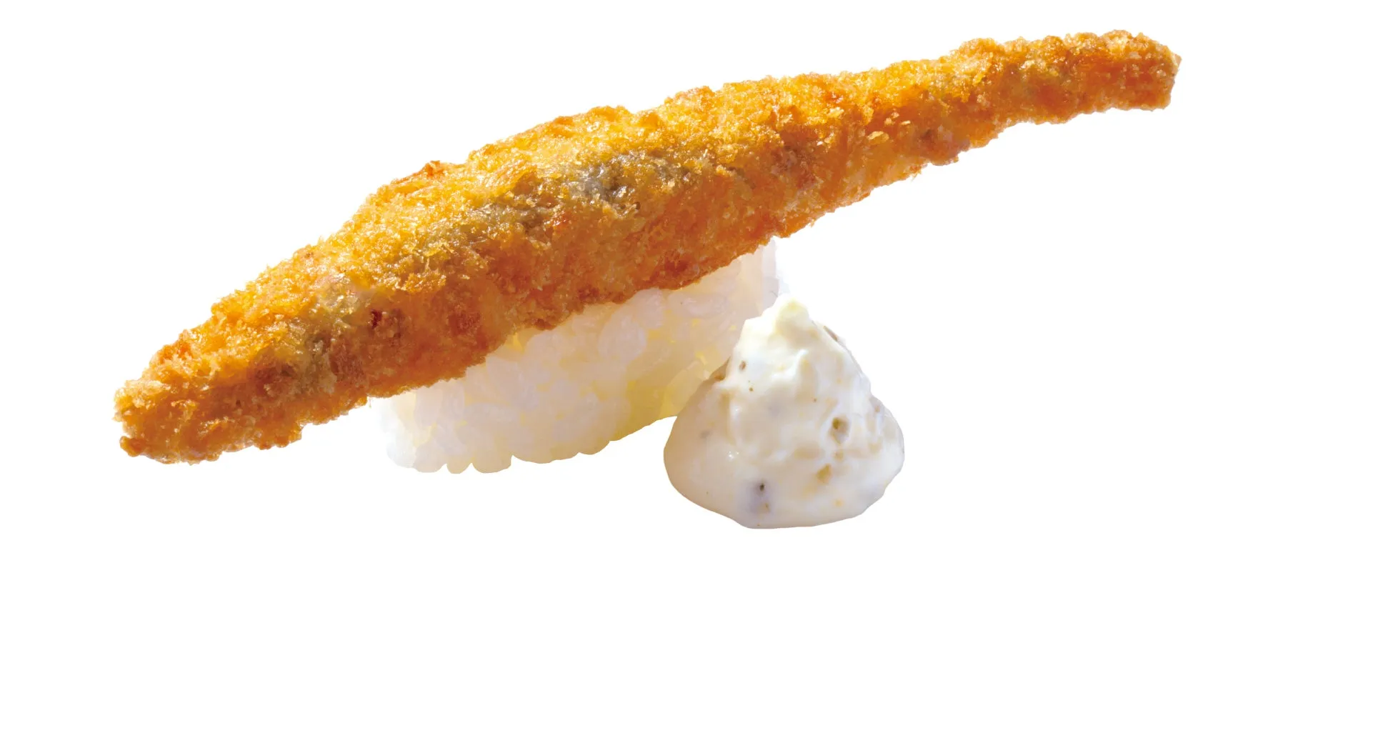 揚げられた魚の寿司。白いご飯の上に揚げ魚が乗っていて、横にはタルタルソースが添えられている。