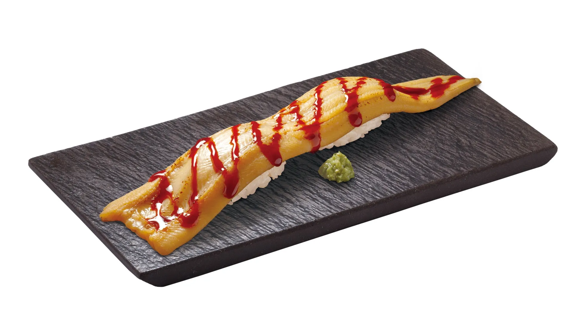 うなぎの握り寿司が黒いお皿に載せられています。赤色のソースとわさびも添えられています。