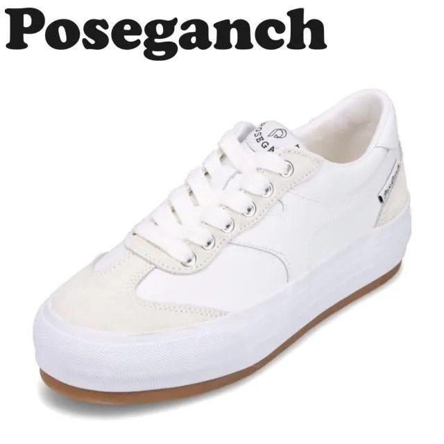 白いスニーカーの画像です。ブランド名「Poseganch」が上部に表示されています。スニーカーは白を基調とし、つま先部分と踵部分にスエードのような素材が使われています。靴底は茶色で、厚底のデザインです。