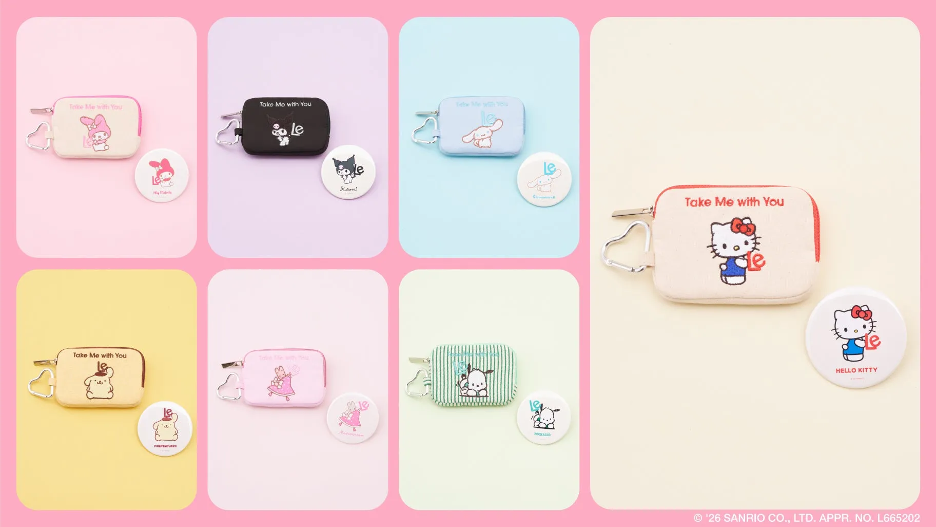 サンリオキャラクターのポーチとバッジ