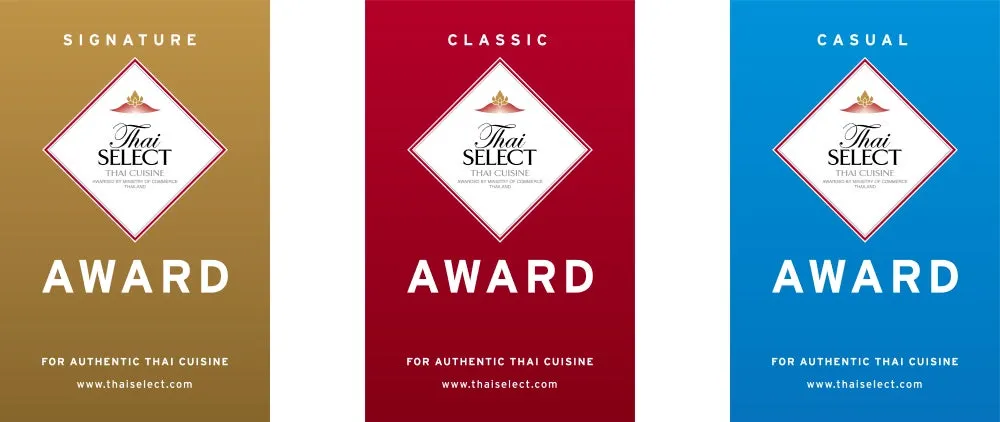 タイ料理の認証マークのロゴ。3つのデザインがあり、それぞれ「SIGNATURE」、「CLASSIC」、「CASUAL」と書かれています。