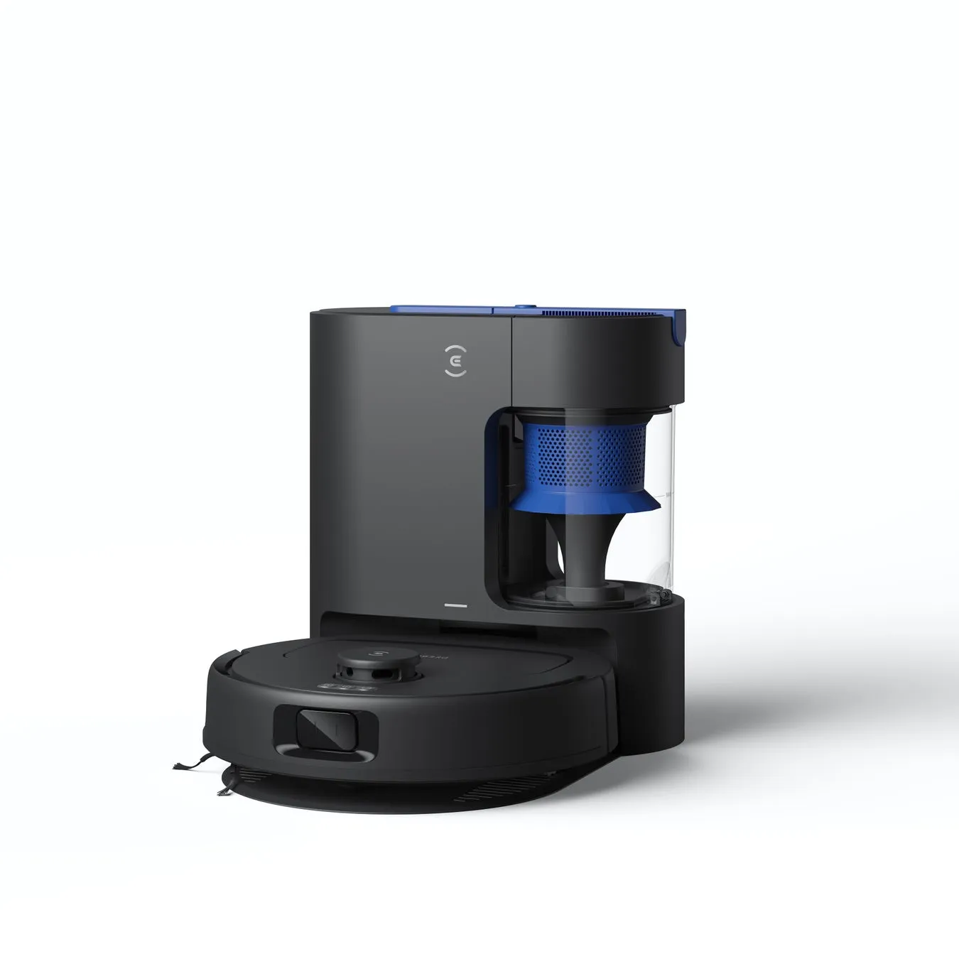 黒と青のロボット掃除機と充電ステーションが白い背景に置かれています。