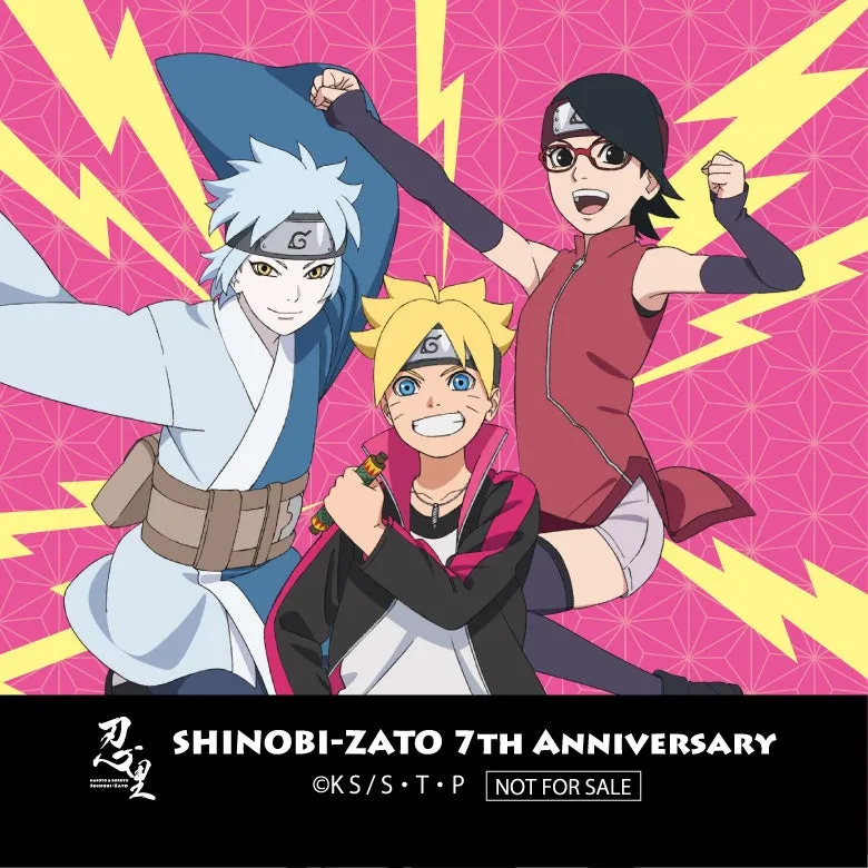 アニメ「BORUTO-ボルト- NARUTO NEXT GENERATIONS」のキャラクター、うずまきボルト、うちはサラダ、ミツキが描かれたイラスト。背景はピンク色で、雷のような模様が描かれている。