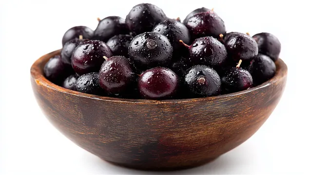 木製のボウルに入った、水滴のついた紫色のフルーツ