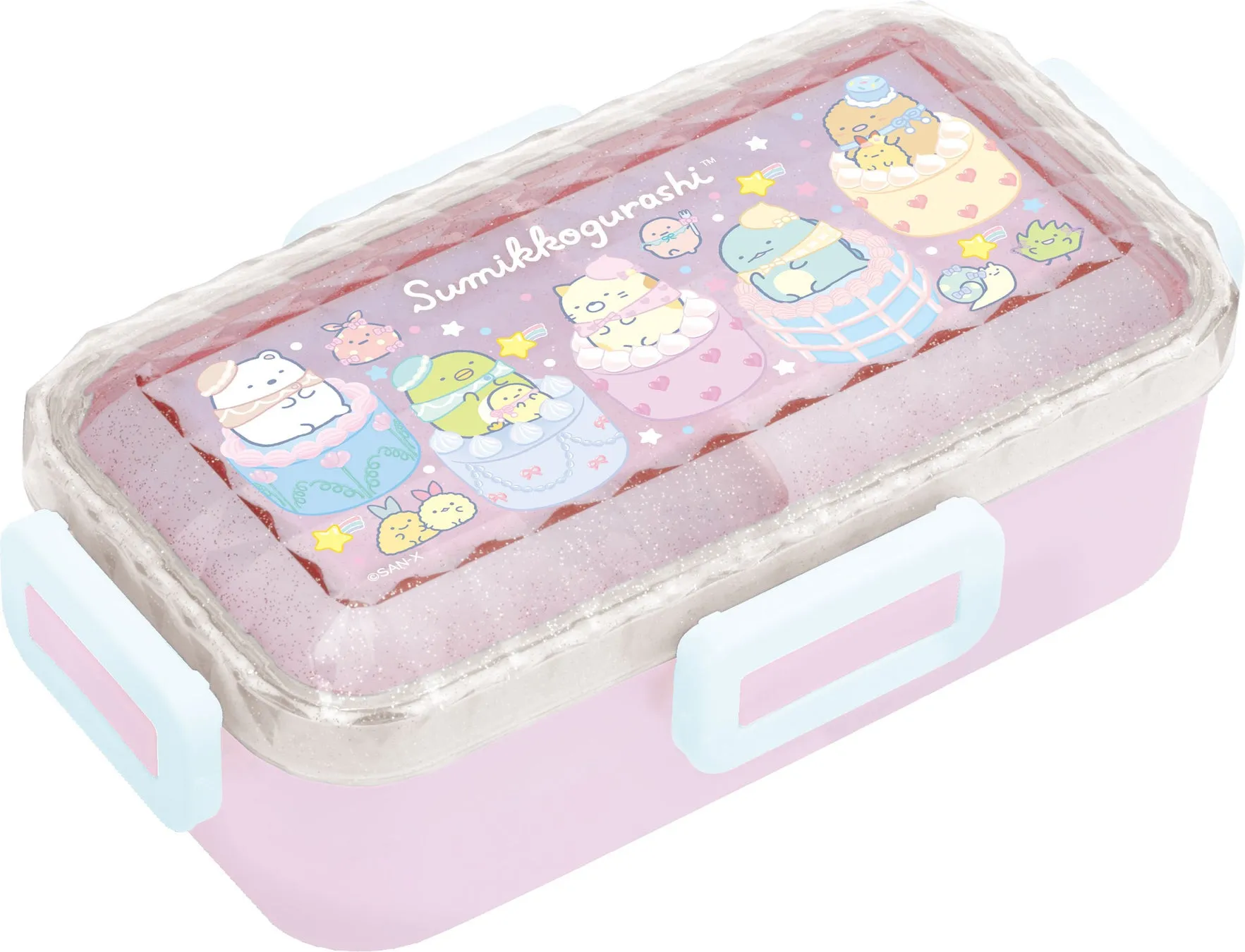 すみっコぐらしのキャラクターが描かれたピンク色の弁当箱です。
